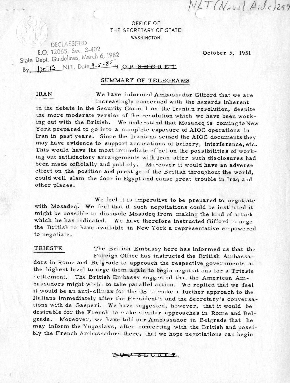 Memorandum, State Department Summary of Telegrams