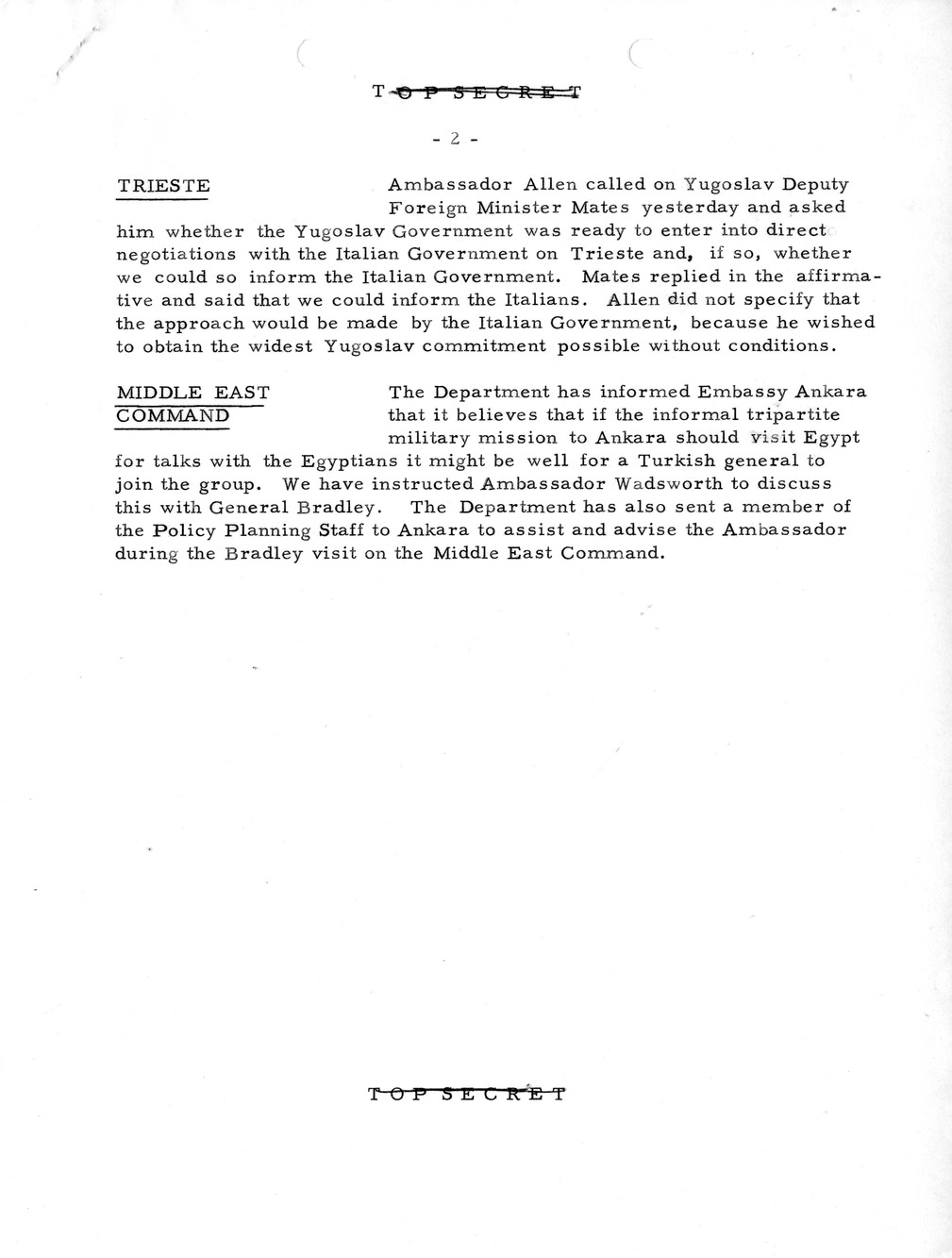 Memorandum, State Department Summary of Telegrams