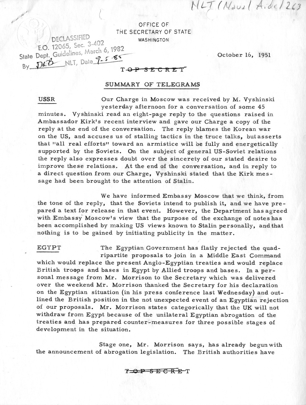 Memorandum, State Department Summary of Telegrams