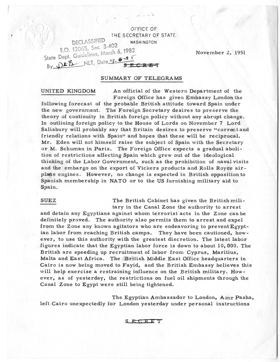 Memorandum, State Department Summary of Telegrams