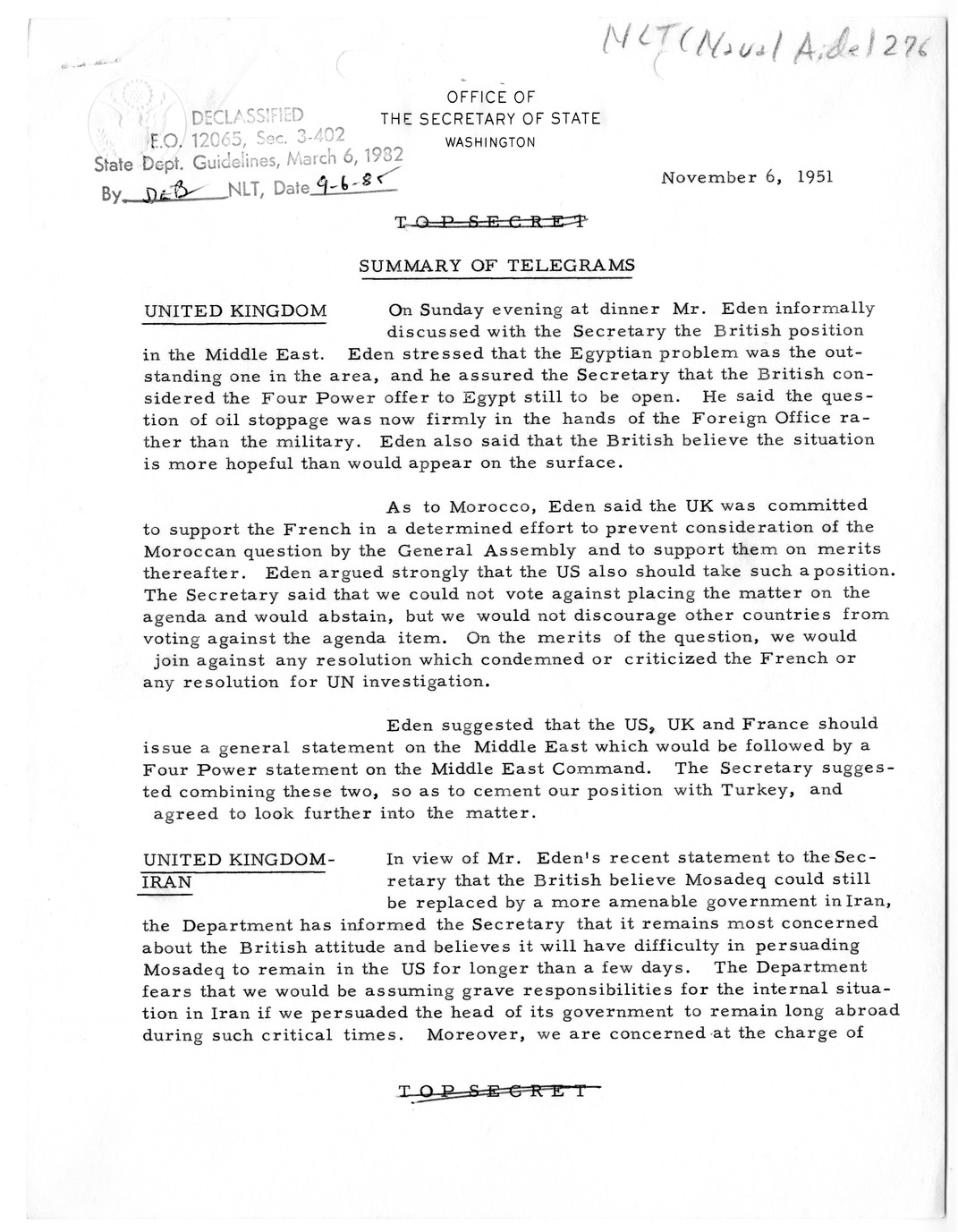 Memorandum, State Department Summary of Telegrams