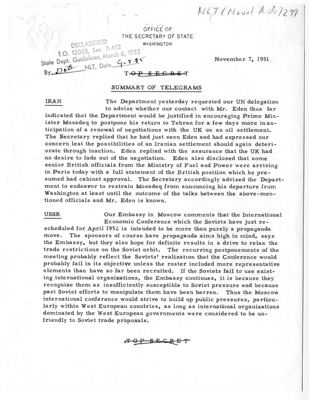 Memorandum, State Department Summary of Telegrams