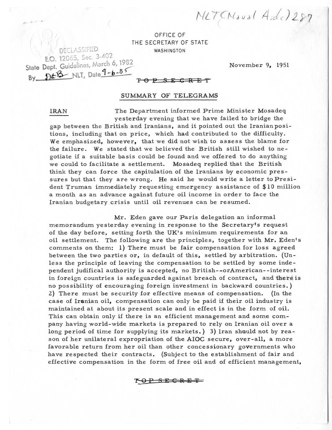 Memorandum, State Department Summary of Telegrams