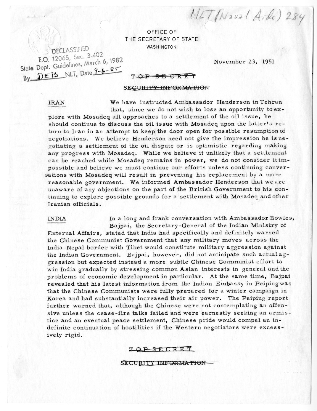 Memorandum, State Department Summary of Telegrams