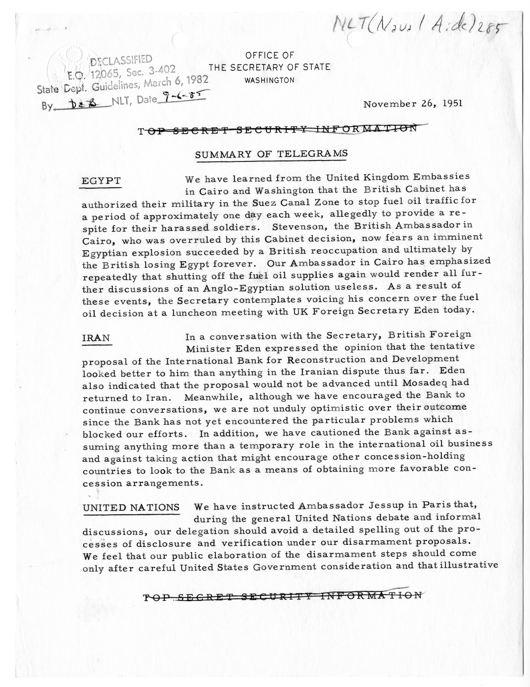 Memorandum, State Department Summary of Telegrams