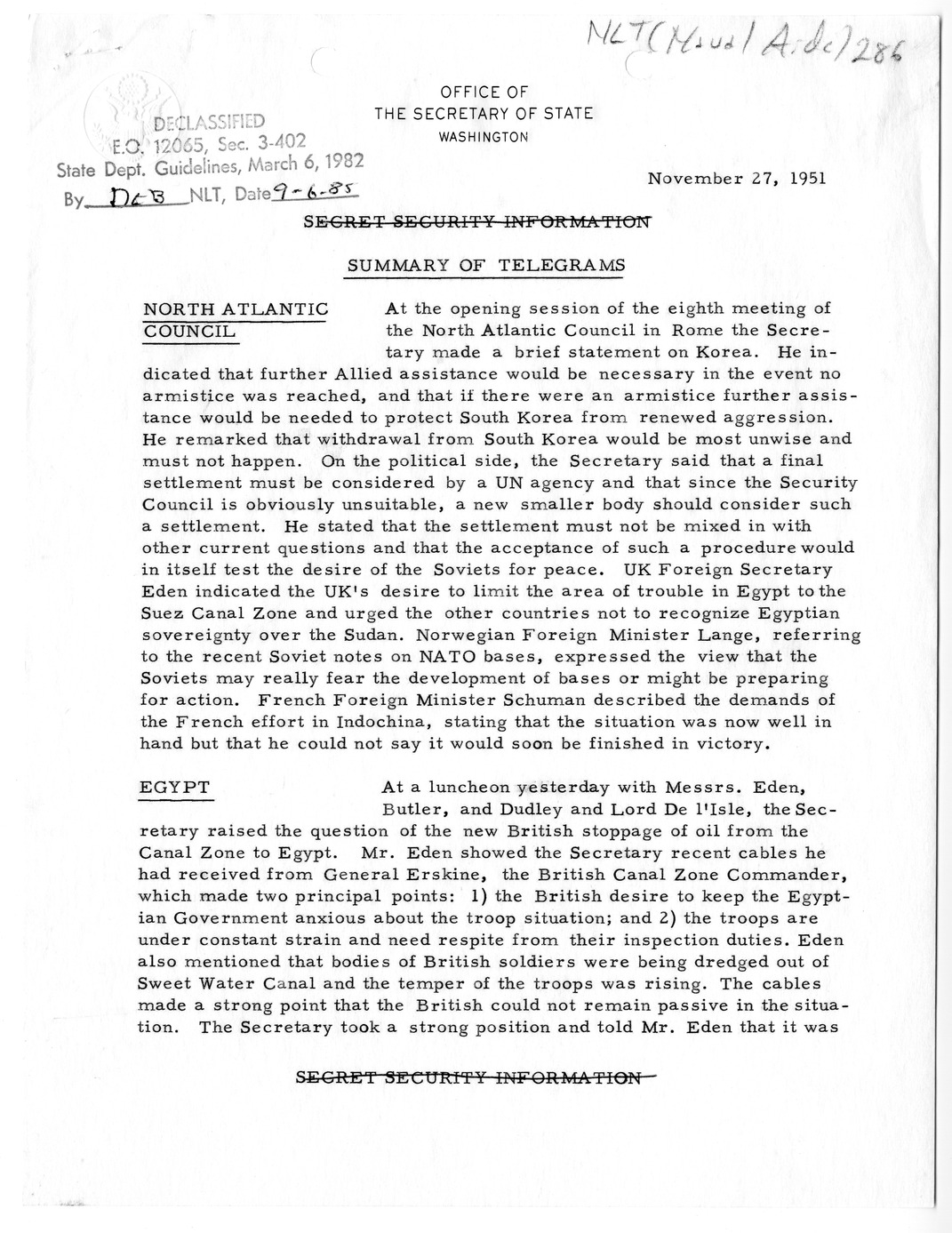 Memorandum, State Department Summary of Telegrams