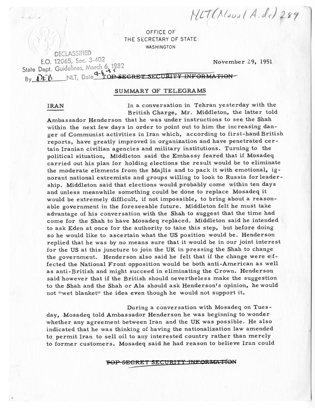 Memorandum, State Department Summary of Telegrams