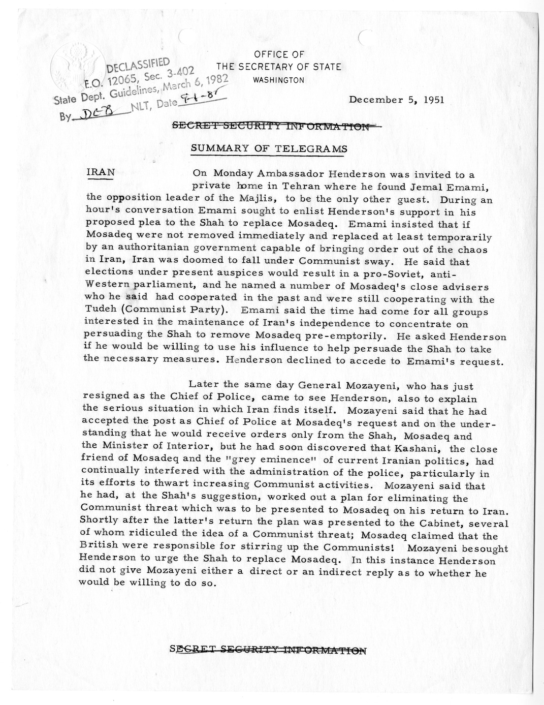 Memorandum, State Department Summary of Telegrams