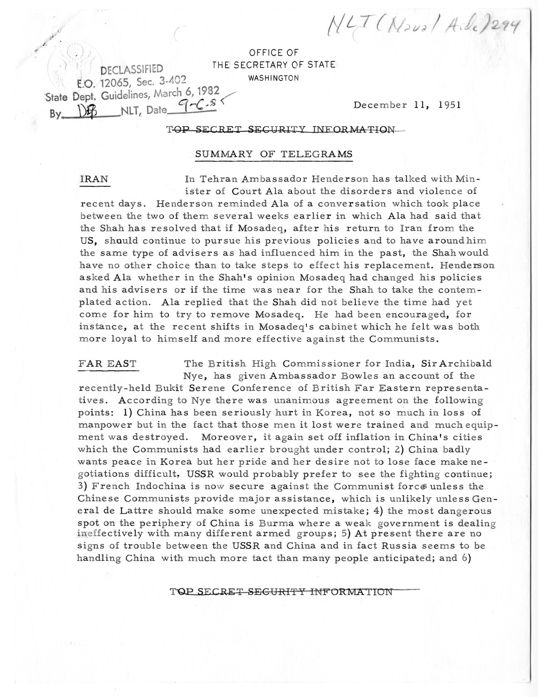 Memorandum, State Department Summary of Telegrams