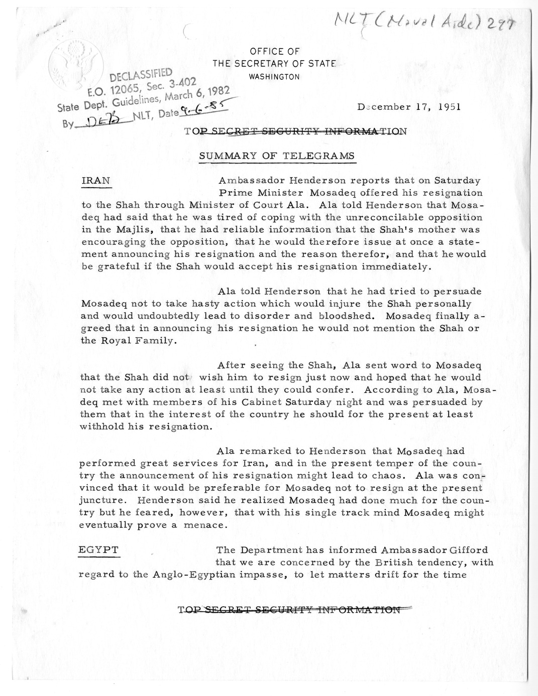 Memorandum, State Department Summary of Telegrams