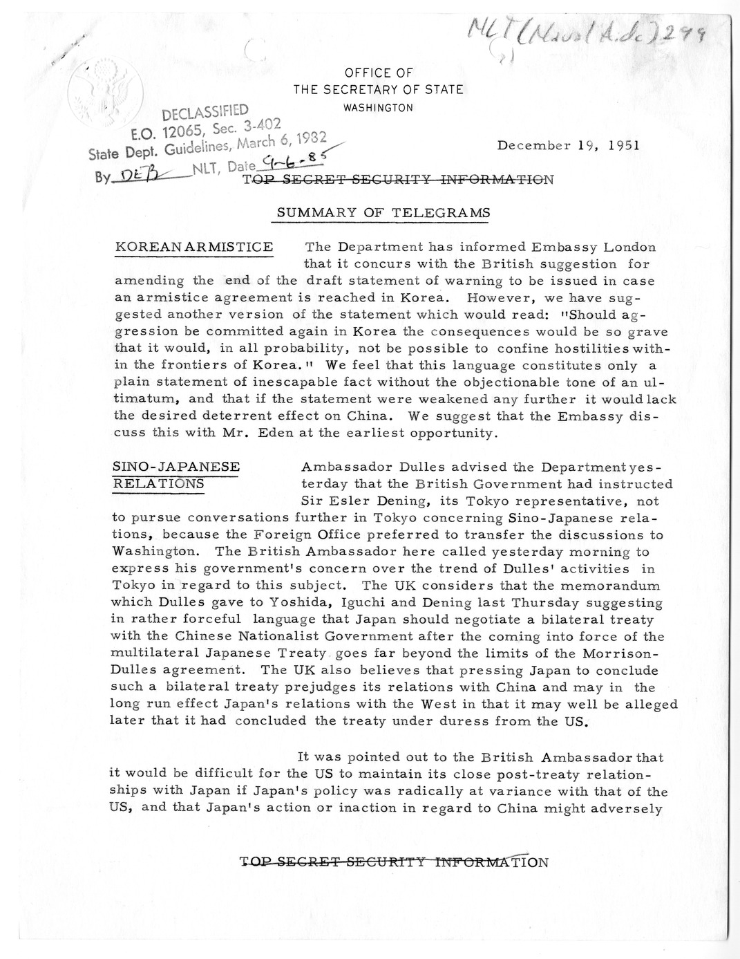 Memorandum, State Department Summary of Telegrams