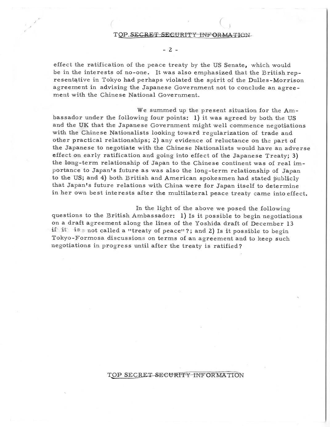 Memorandum, State Department Summary of Telegrams