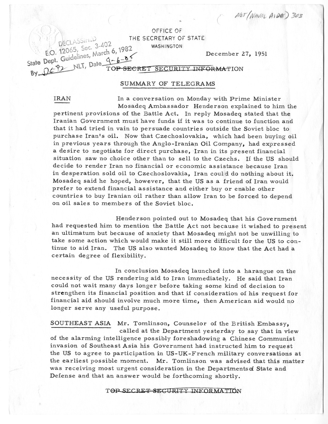 Memorandum, State Department Summary of Telegrams