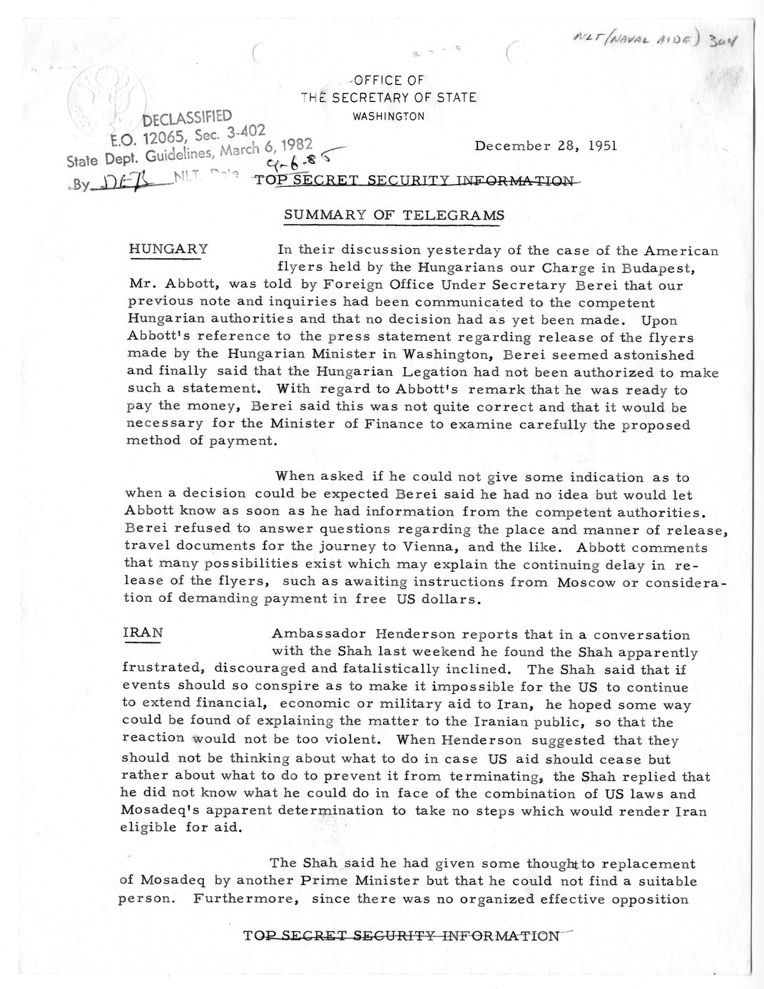 Memorandum, State Department Summary of Telegrams