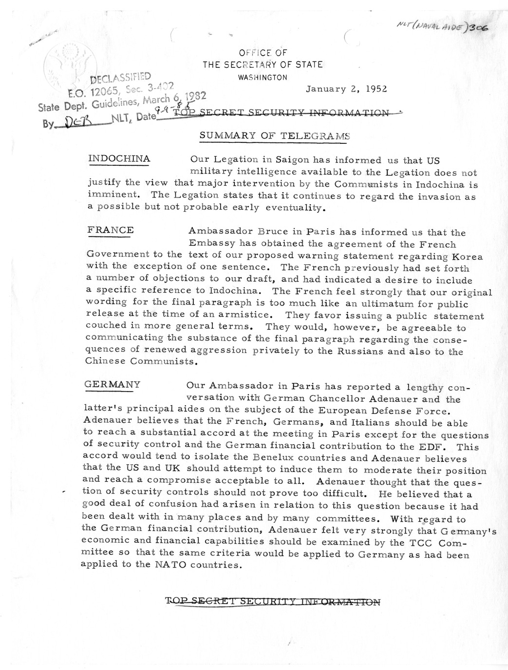 Memorandum, State Department Summary of Telegrams