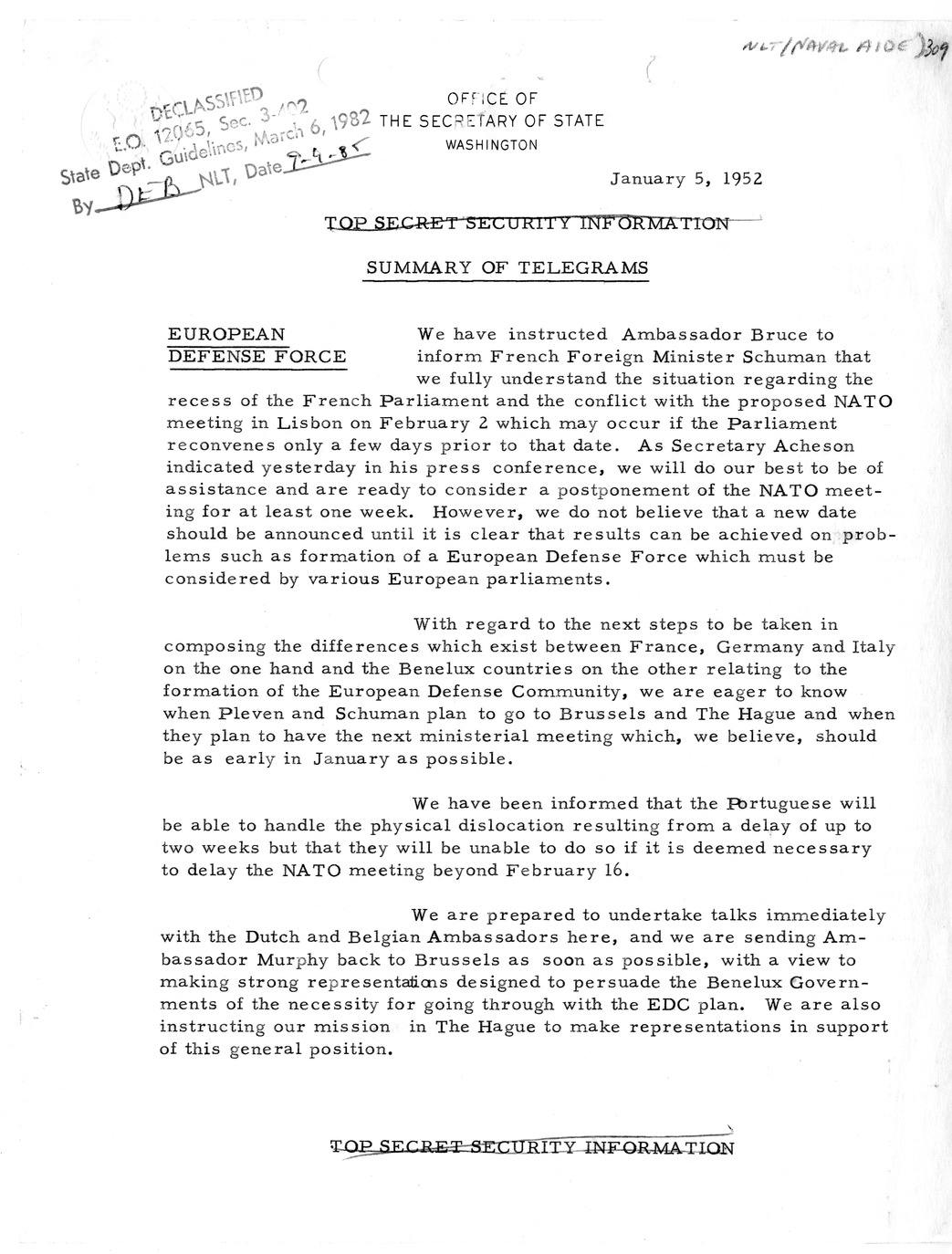 Memorandum, State Department Summary of Telegrams