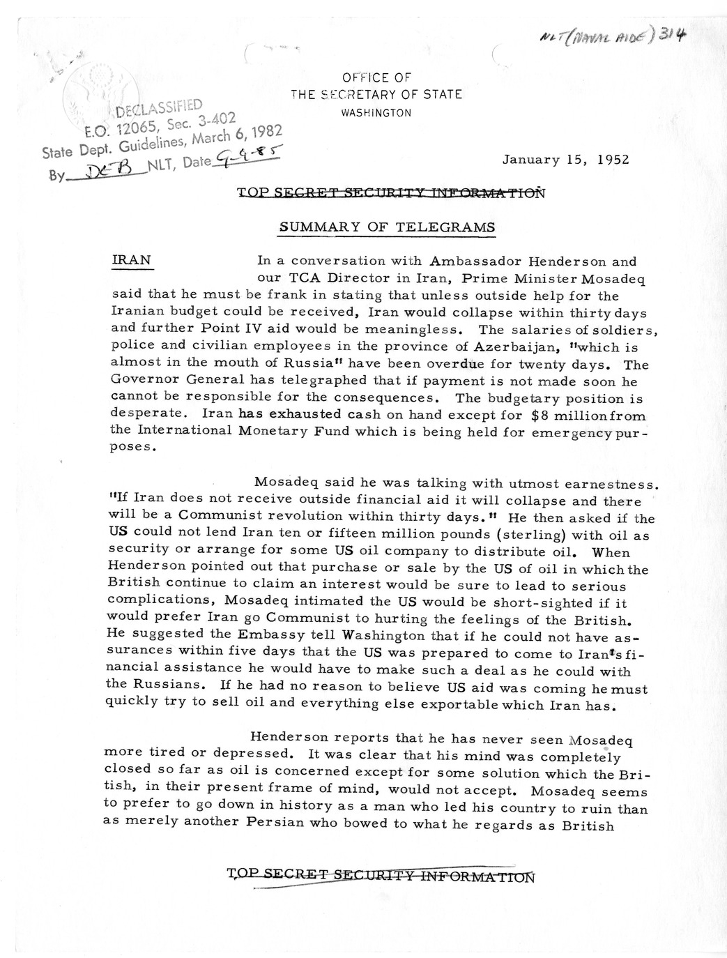 Memorandum, State Department Summary of Telegrams