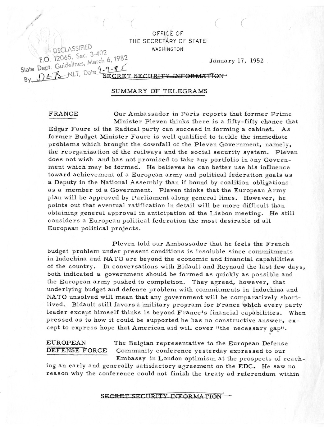 Memorandum, State Department Summary of Telegrams