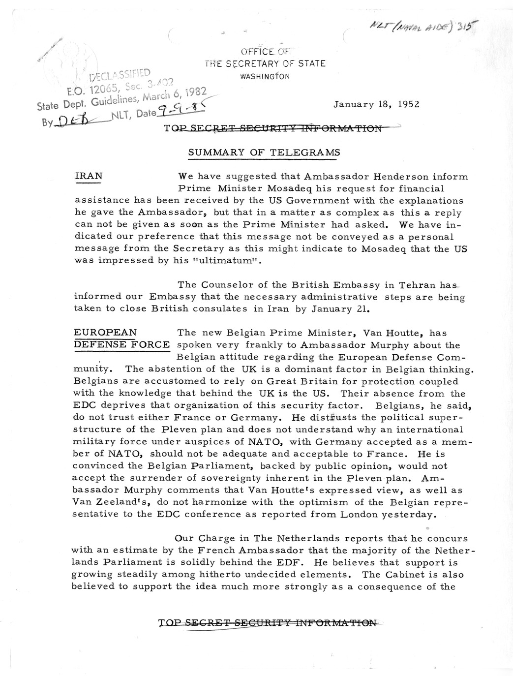 Memorandum, State Department Summary of Telegrams