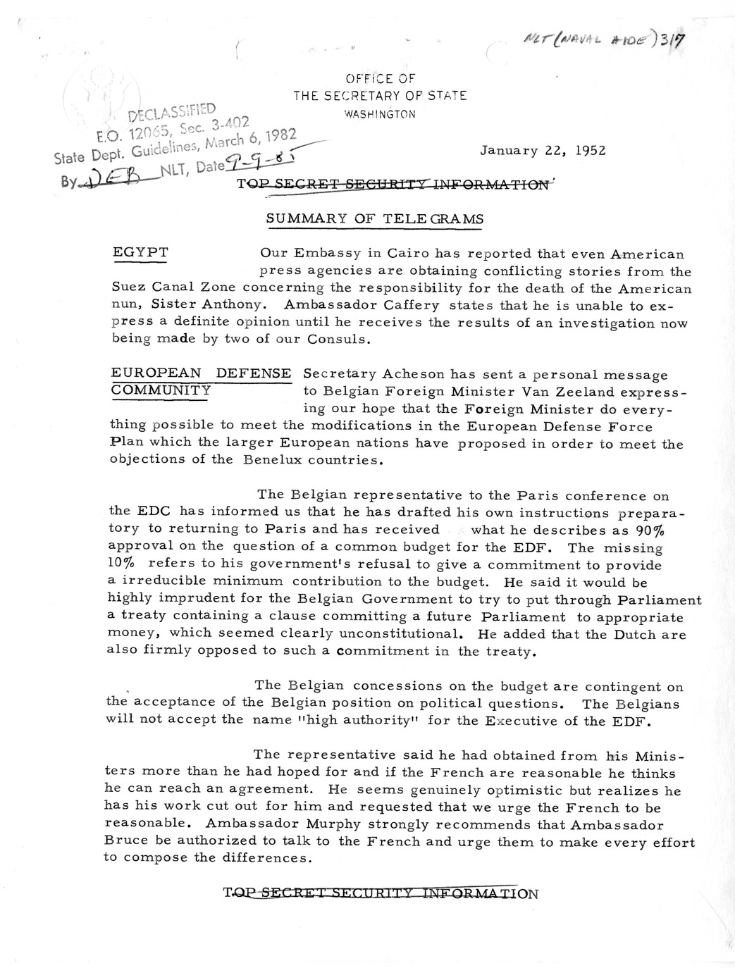 Memorandum, State Department Summary of Telegrams