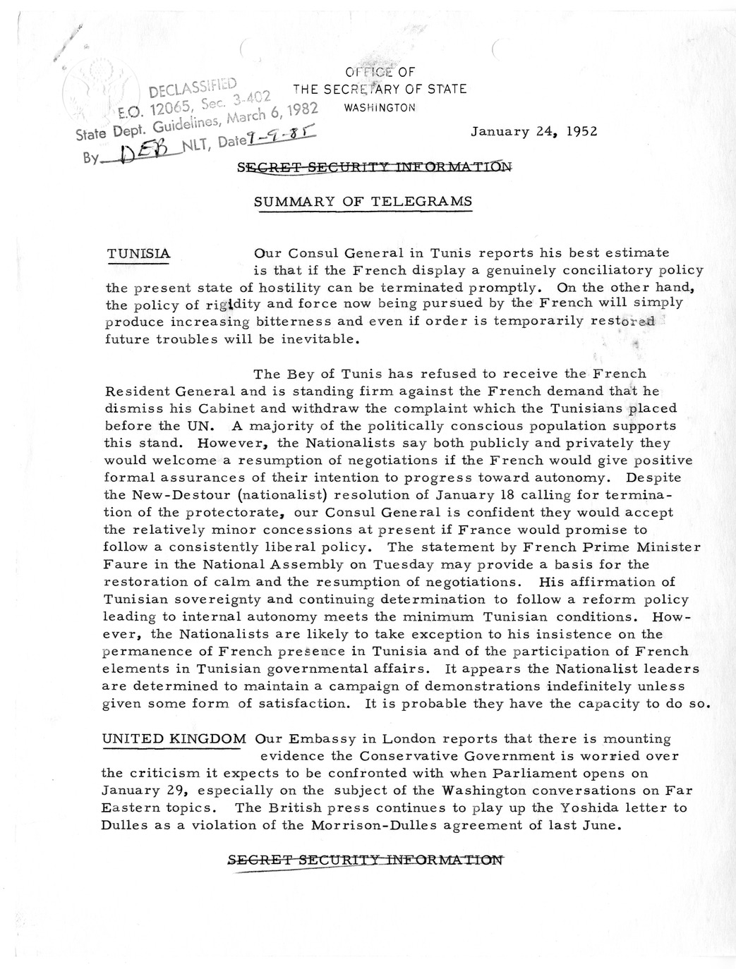 Memorandum, State Department Summary of Telegrams