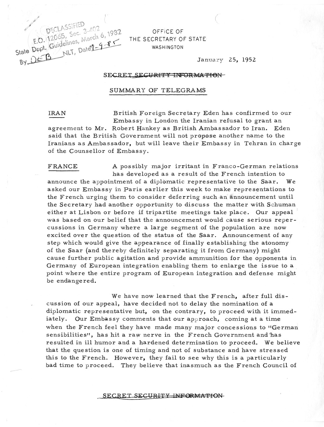 Memorandum, State Department Summary of Telegrams