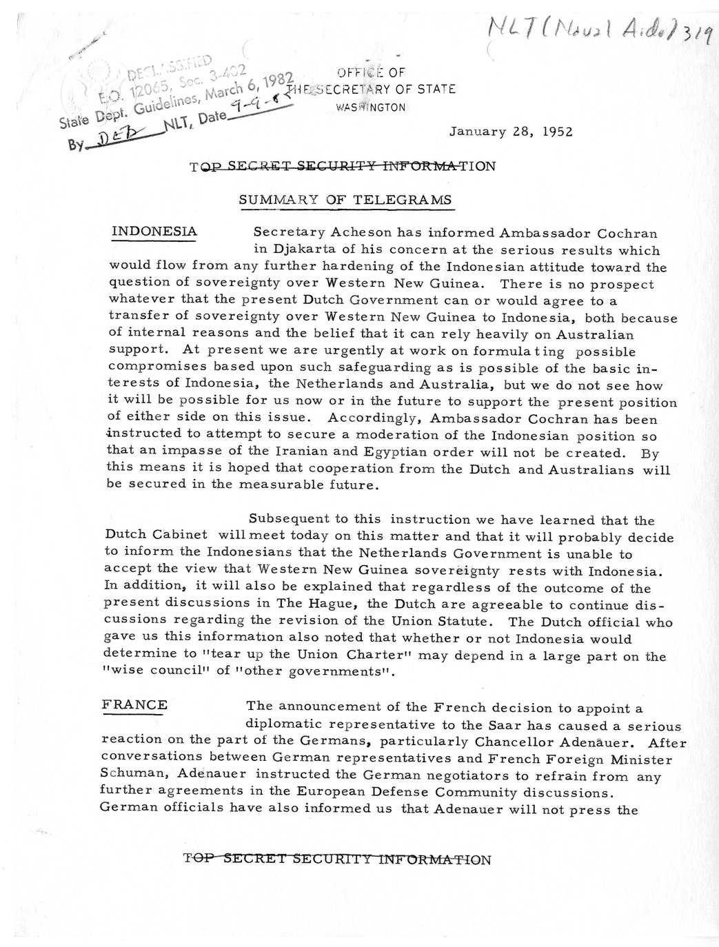 Memorandum, State Department Summary of Telegrams