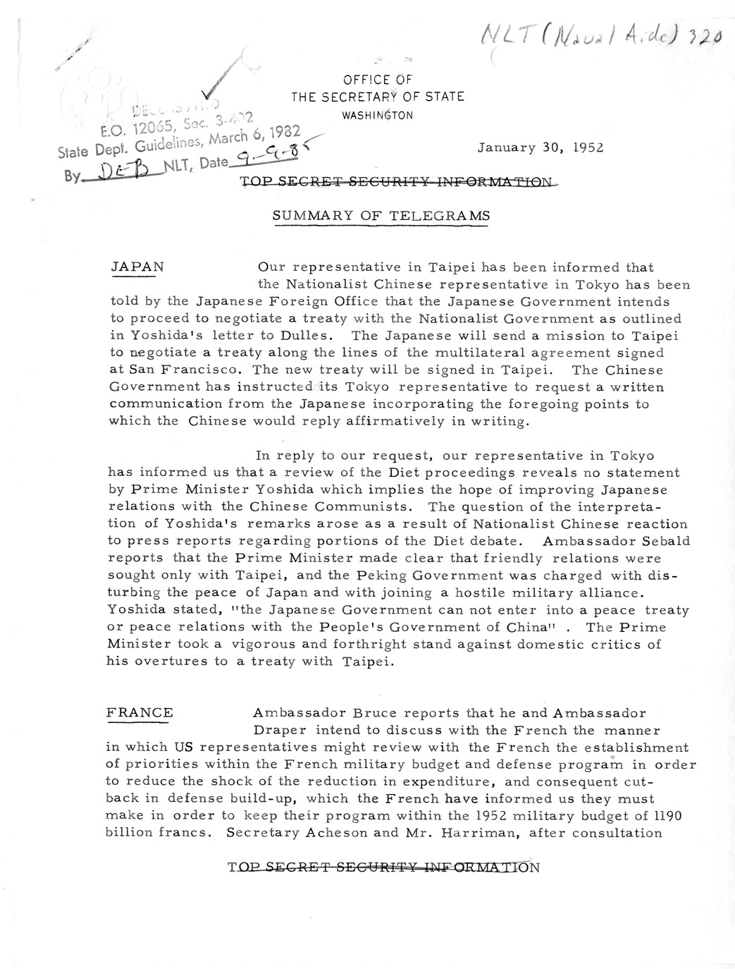 Memorandum, State Department Summary of Telegrams