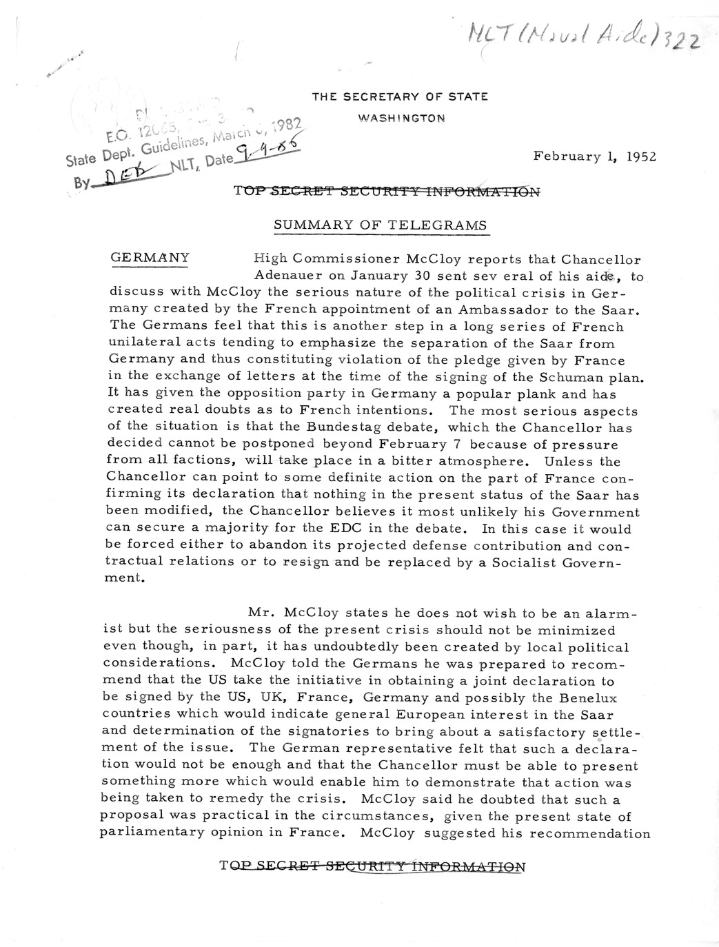 Memorandum, State Department Summary of Telegrams