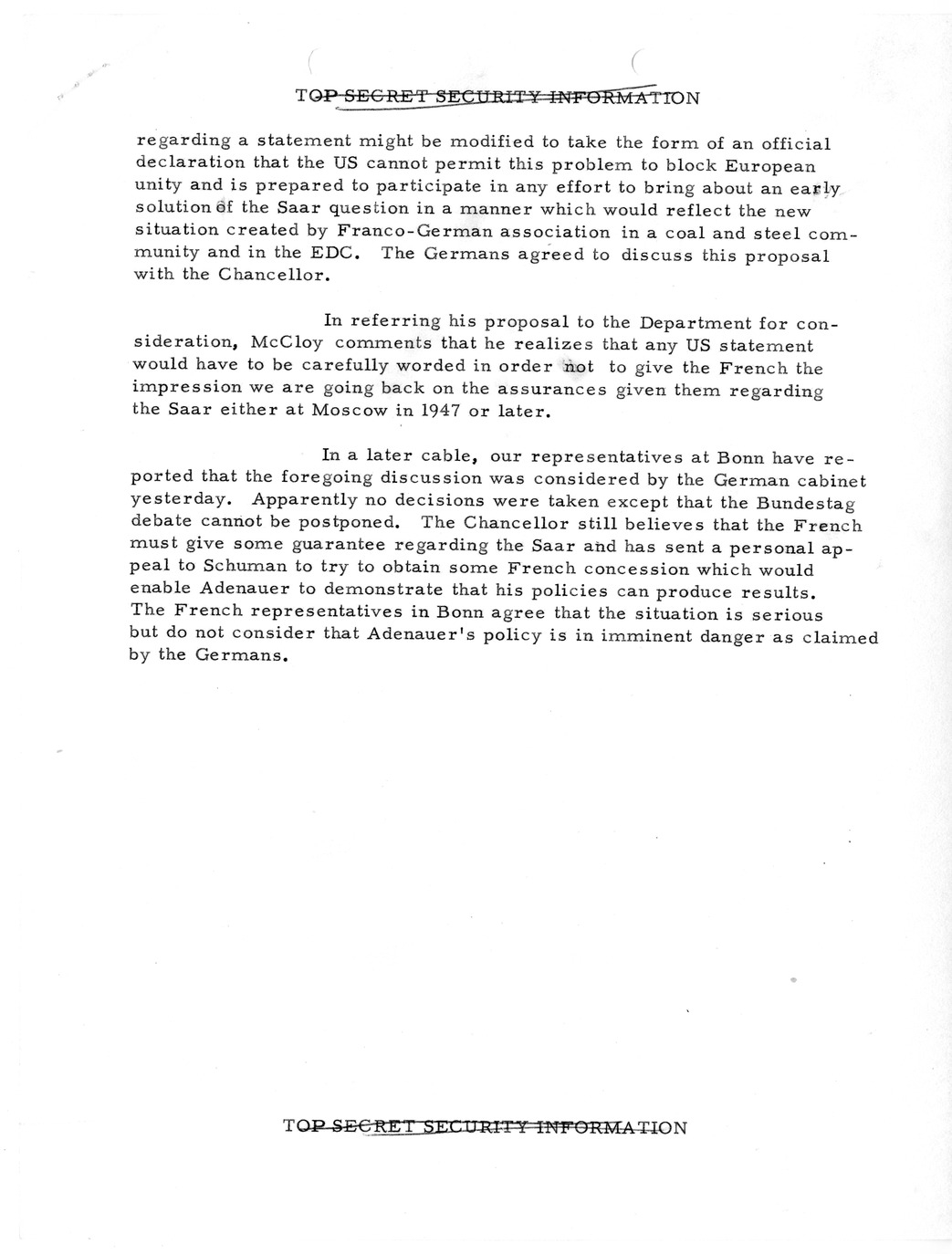 Memorandum, State Department Summary of Telegrams