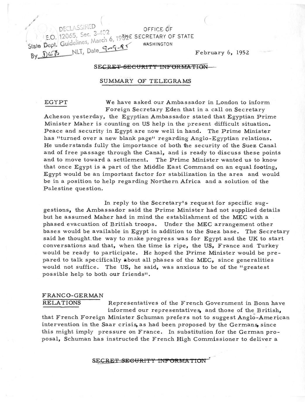 Memorandum, State Department Summary of Telegrams