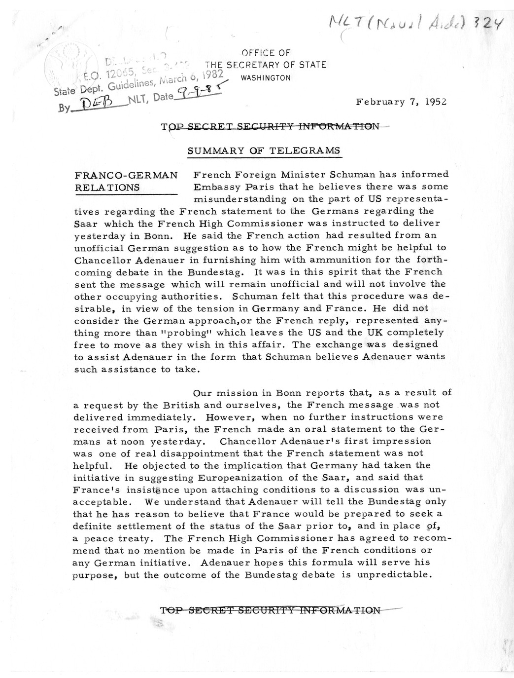 Memorandum, State Department Summary of Telegrams