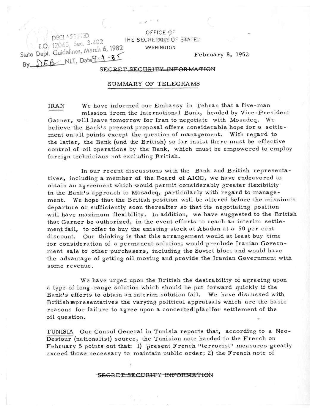 Memorandum, State Department Summary of Telegrams