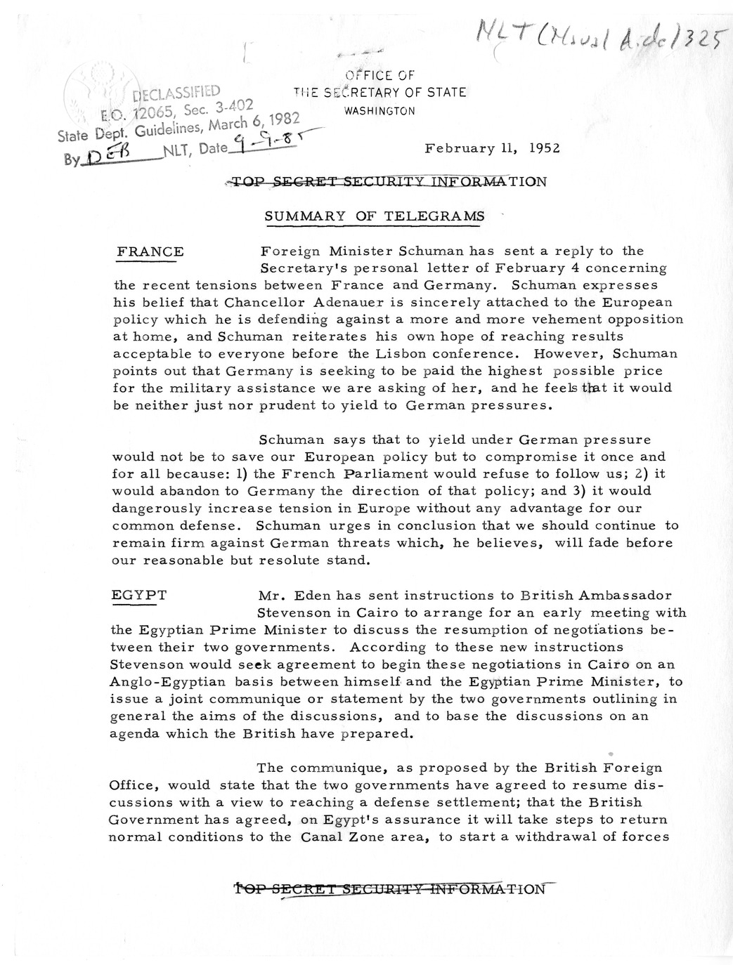 Memorandum, State Department Summary of Telegrams