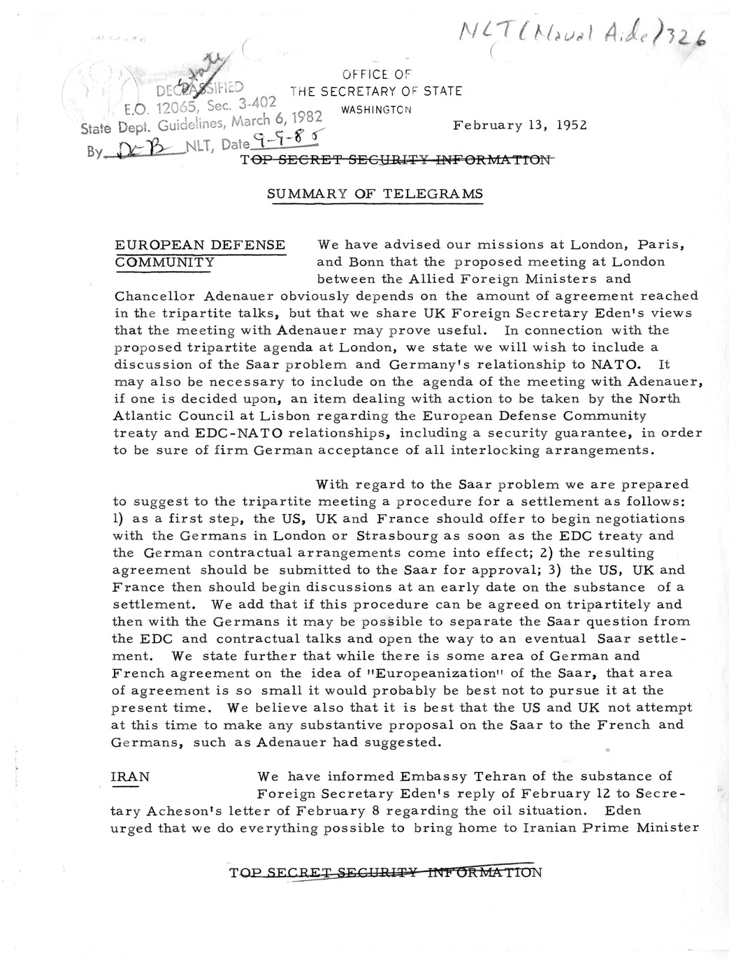 Memorandum, State Department Summary of Telegrams