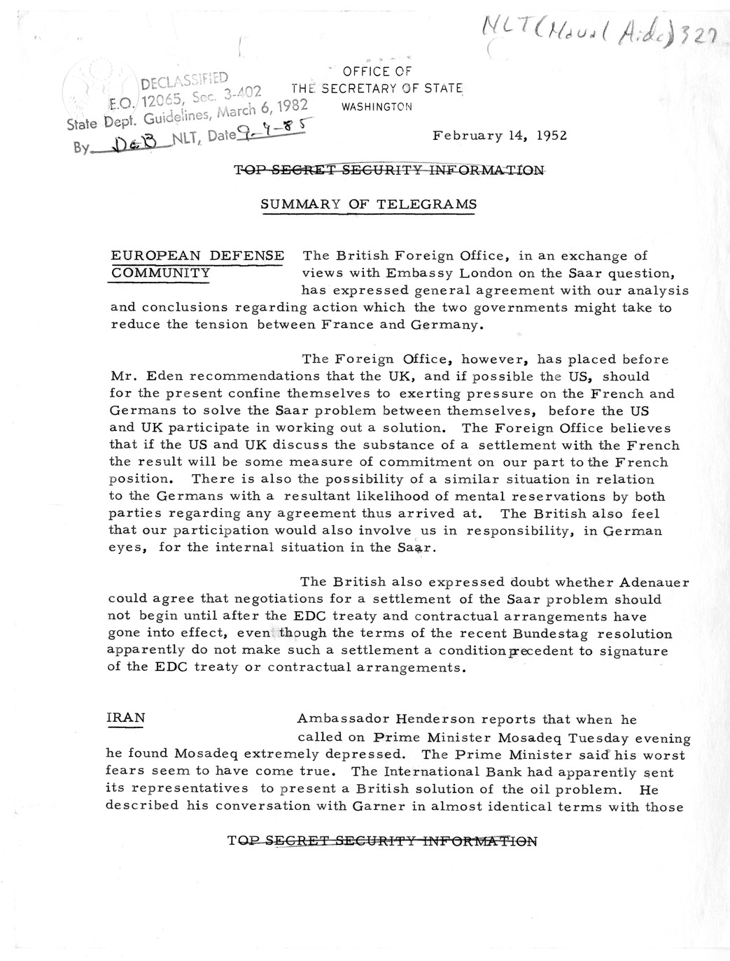 Memorandum, State Department Summary of Telegrams