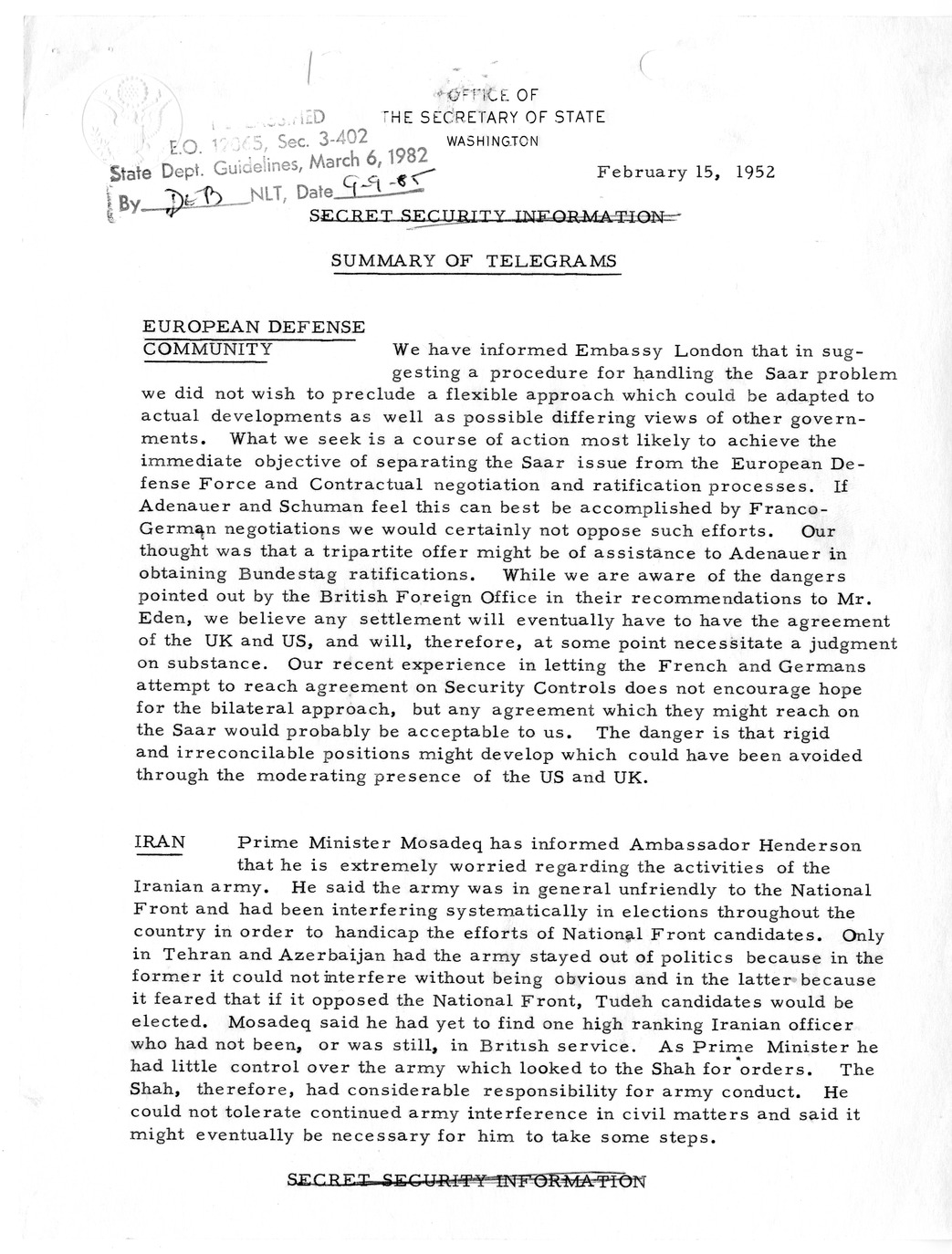 Memorandum, State Department Summary of Telegrams