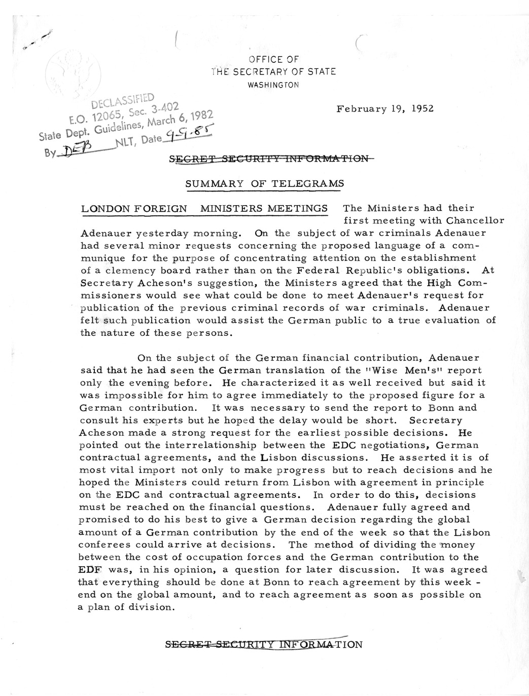 Memorandum, State Department Summary of Telegrams