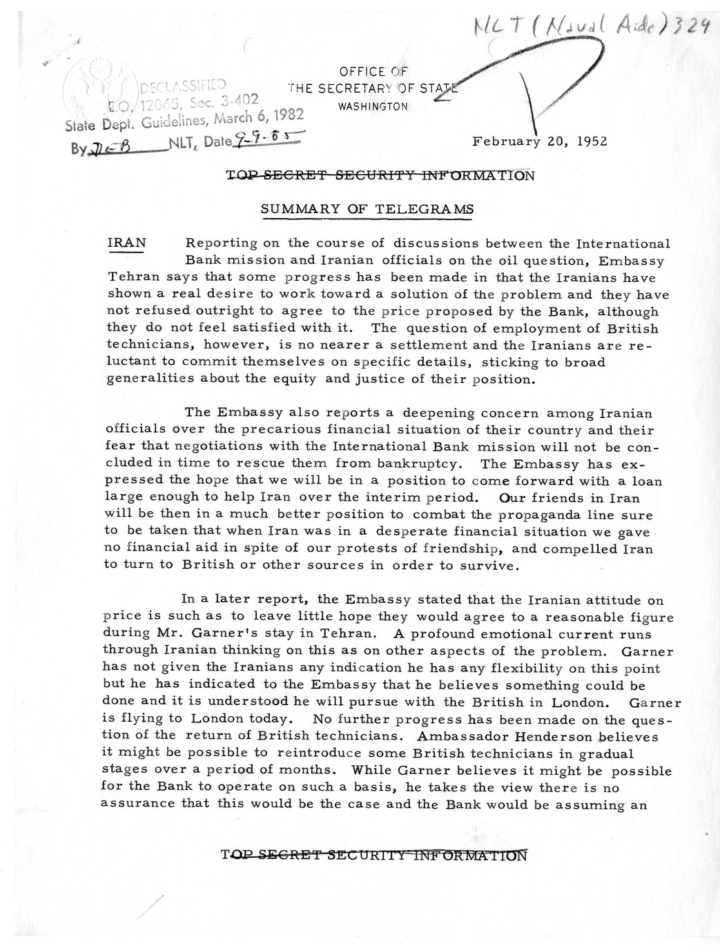 Memorandum, State Department Summary of Telegrams