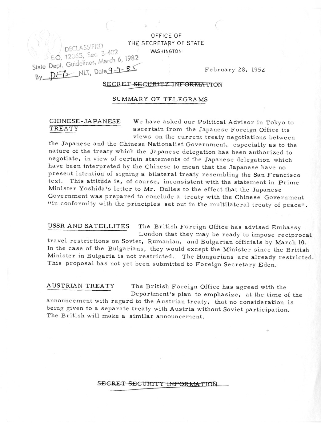 Memorandum, State Department Summary of Telegrams