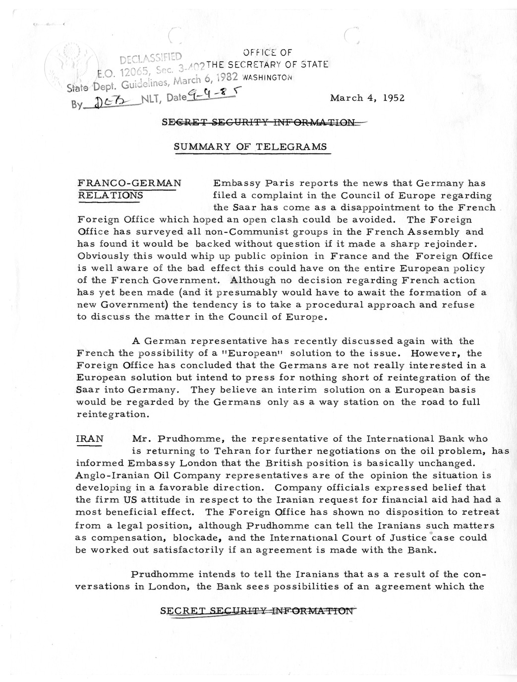 Memorandum, State Department Summary of Telegrams