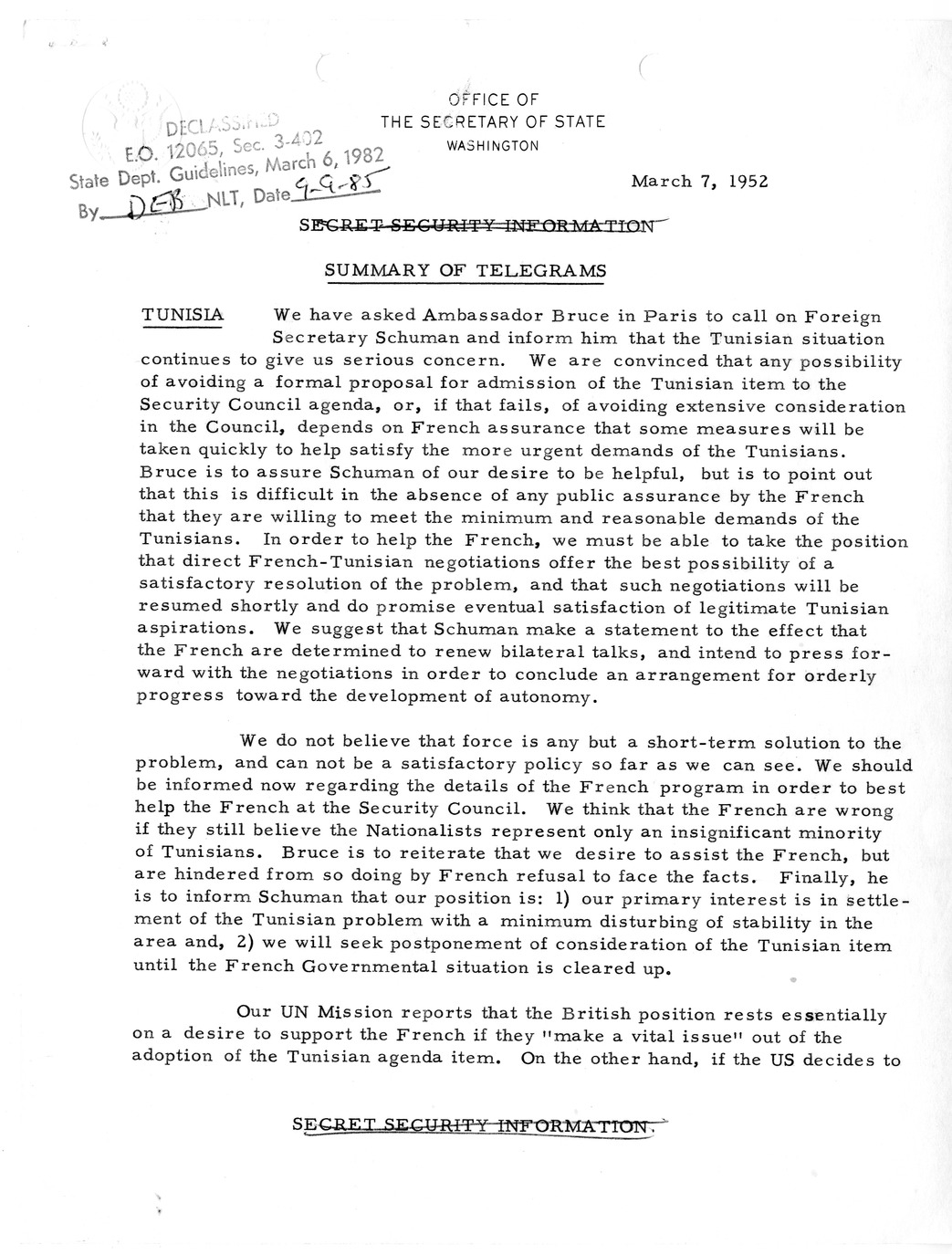 Memorandum, State Department Summary of Telegrams