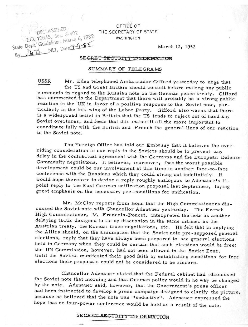 Memorandum, State Department Summary of Telegrams