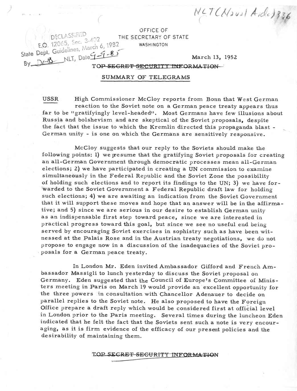 Memorandum, State Department Summary of Telegrams