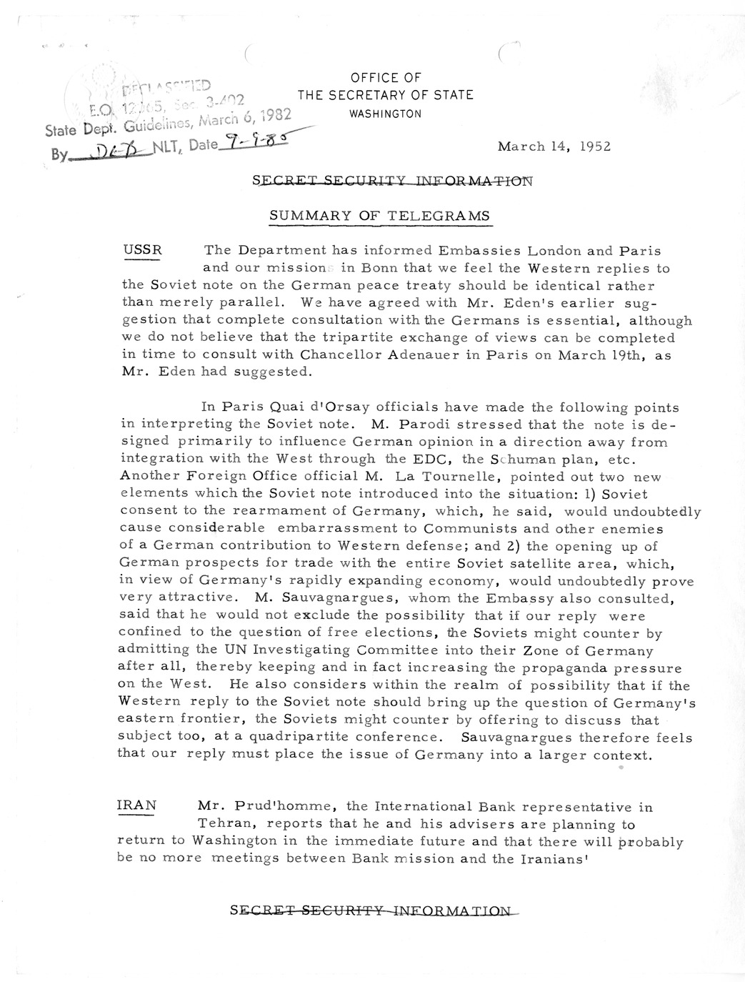 Memorandum, State Department Summary of Telegrams