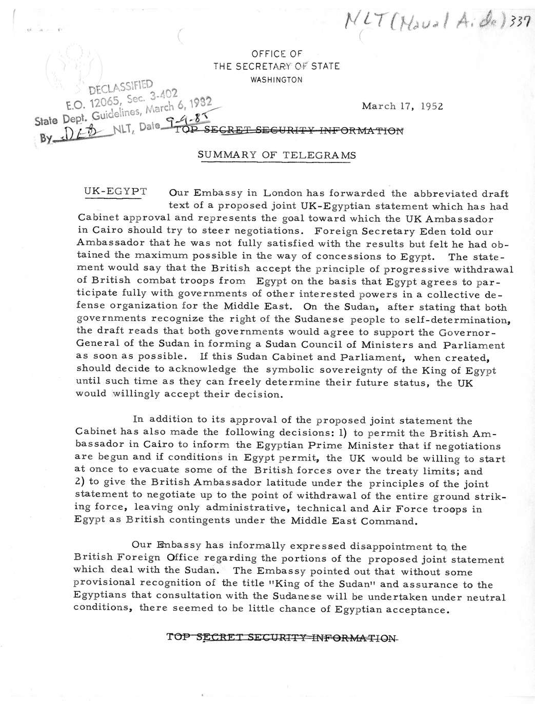 Memorandum, State Department Summary of Telegrams