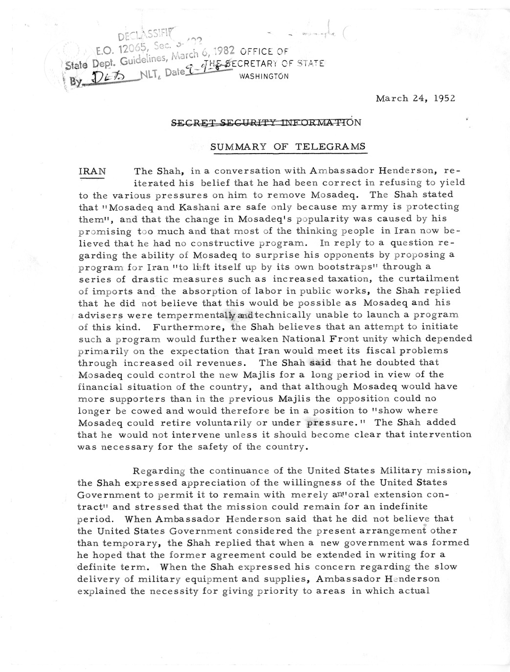 Memorandum, State Department Summary of Telegrams