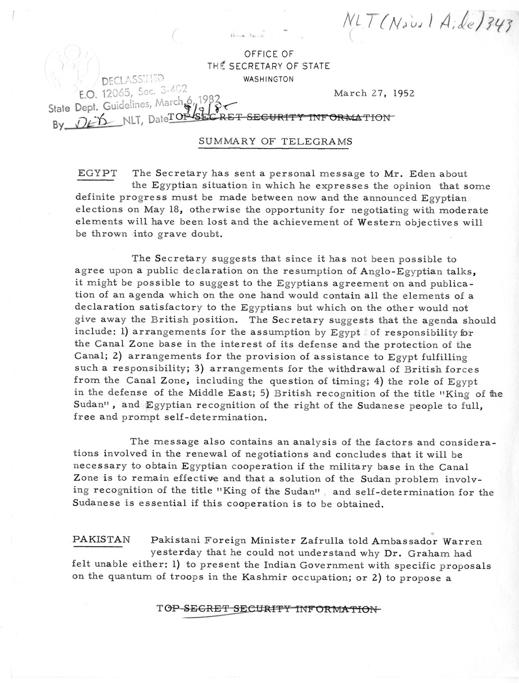 Memorandum, State Department Summary of Telegrams