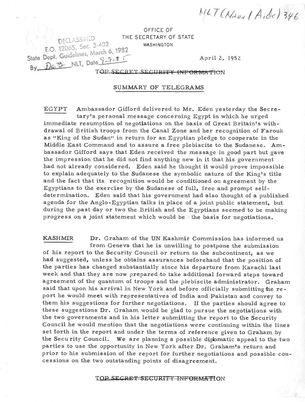 Memorandum, State Department Summary of Telegrams