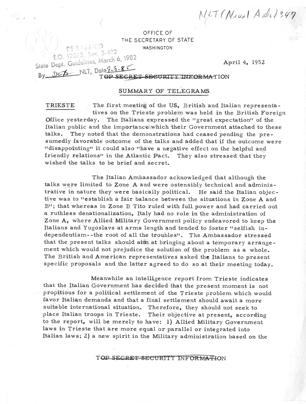 Memorandum, State Department Summary of Telegrams